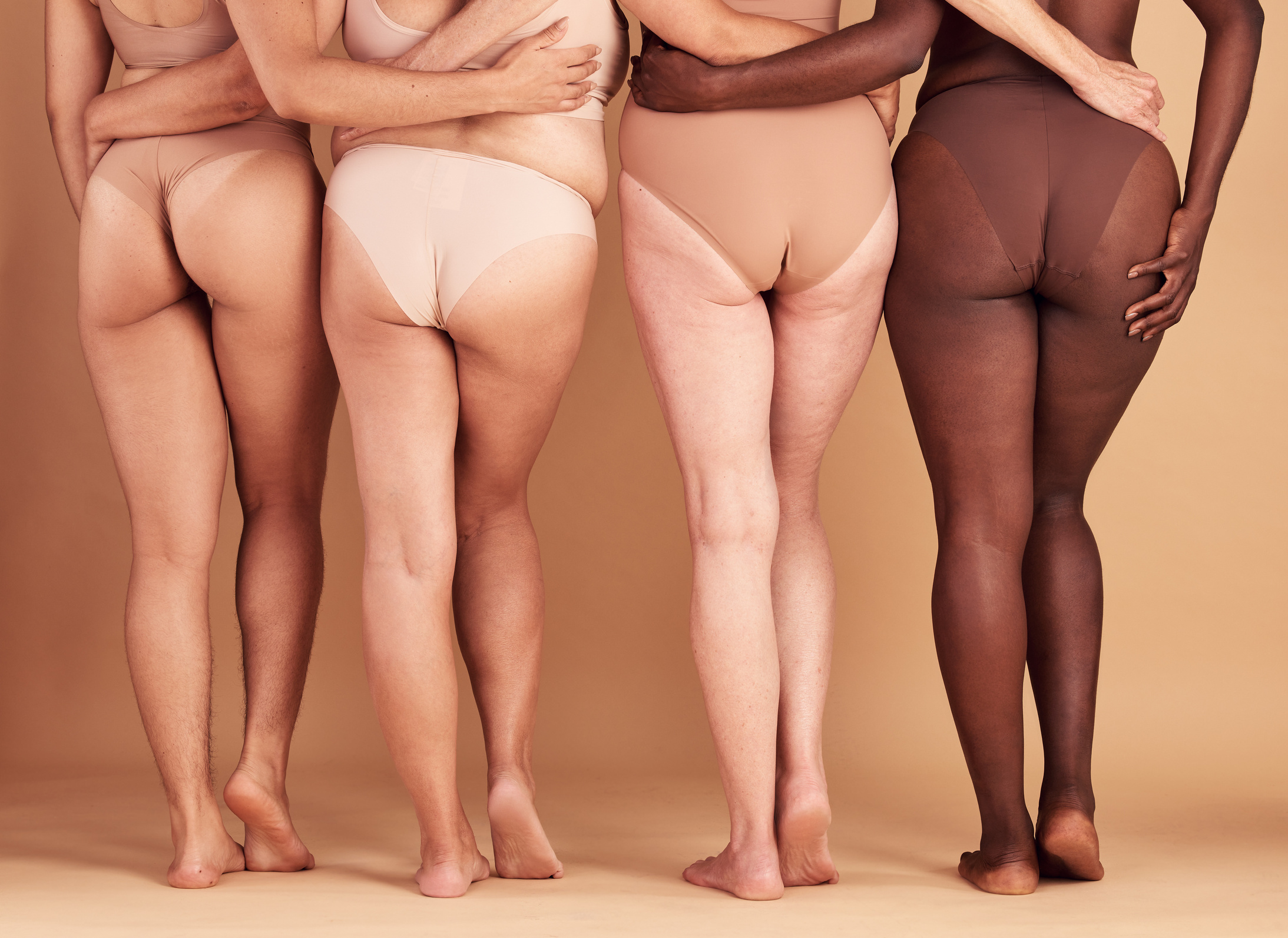 Women Group, Lingerie and Butt in Studio for Wellness, Fashion and Diversity with plus Size in Unity. Back,  and Woman Model Team with Solidarity, Body Positive or Health for Beauty by Background